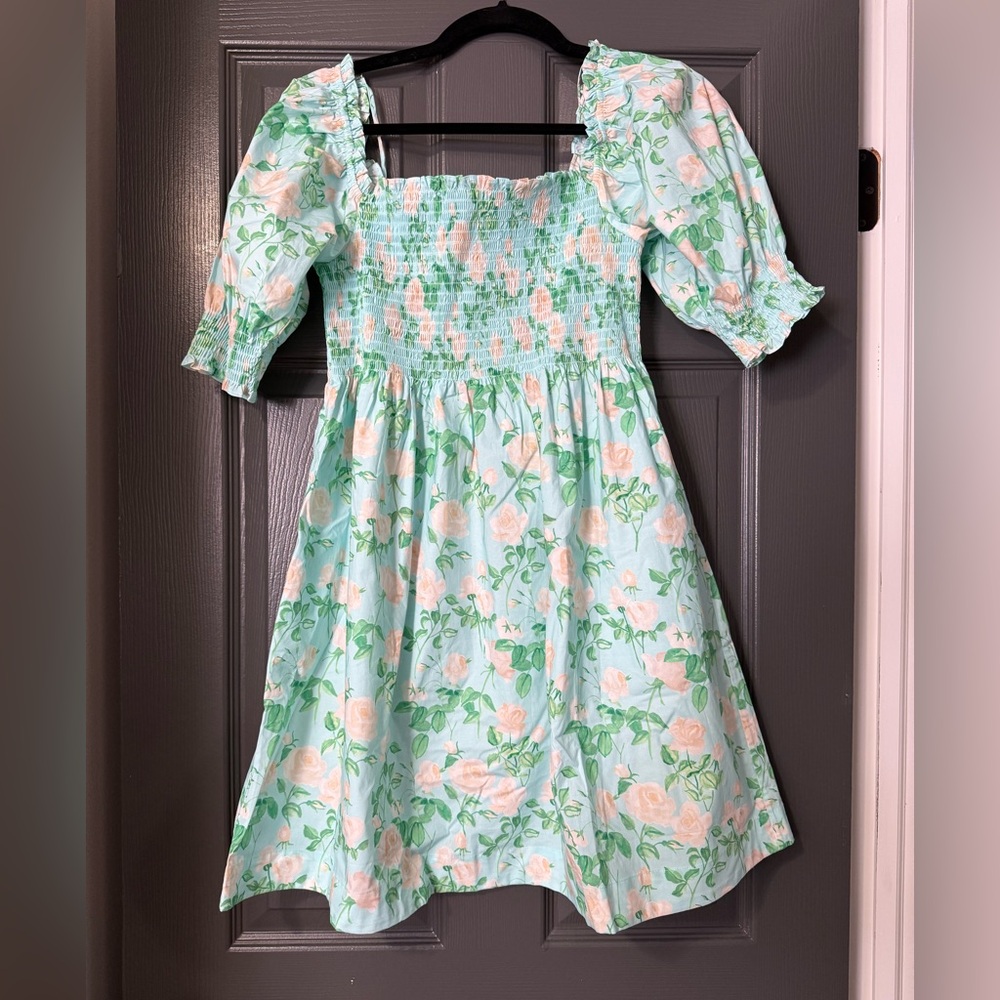 Hill House Mint Green Floral Smocked Puff-Sleeve Dress